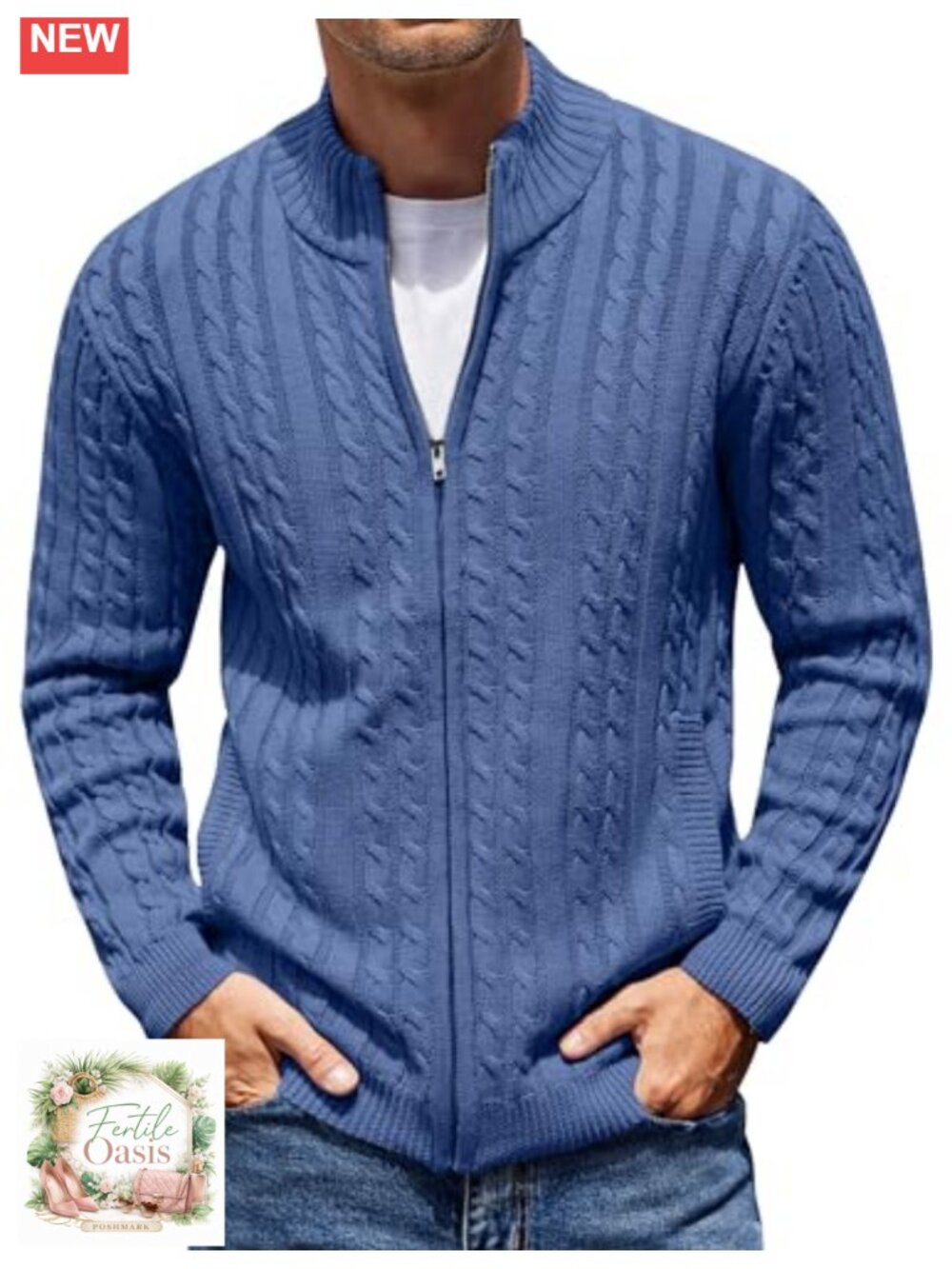 Men's Cable Knit Full Zip Cardigan Sweater with Pockets Mock Neck